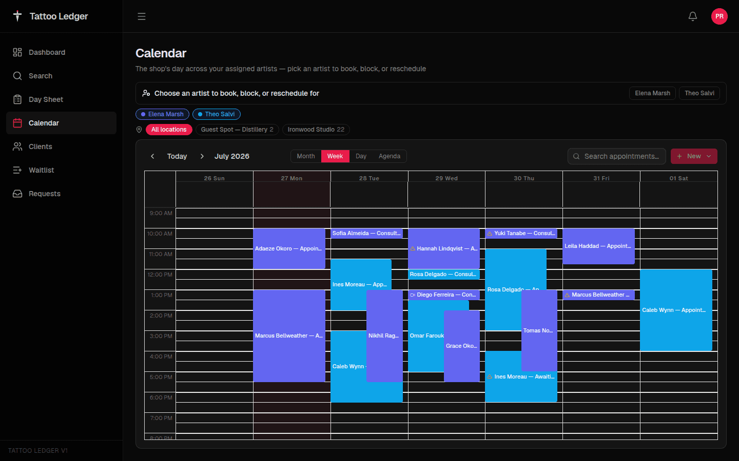 Front-desk view of a merged calendar across the artists an assistant supports