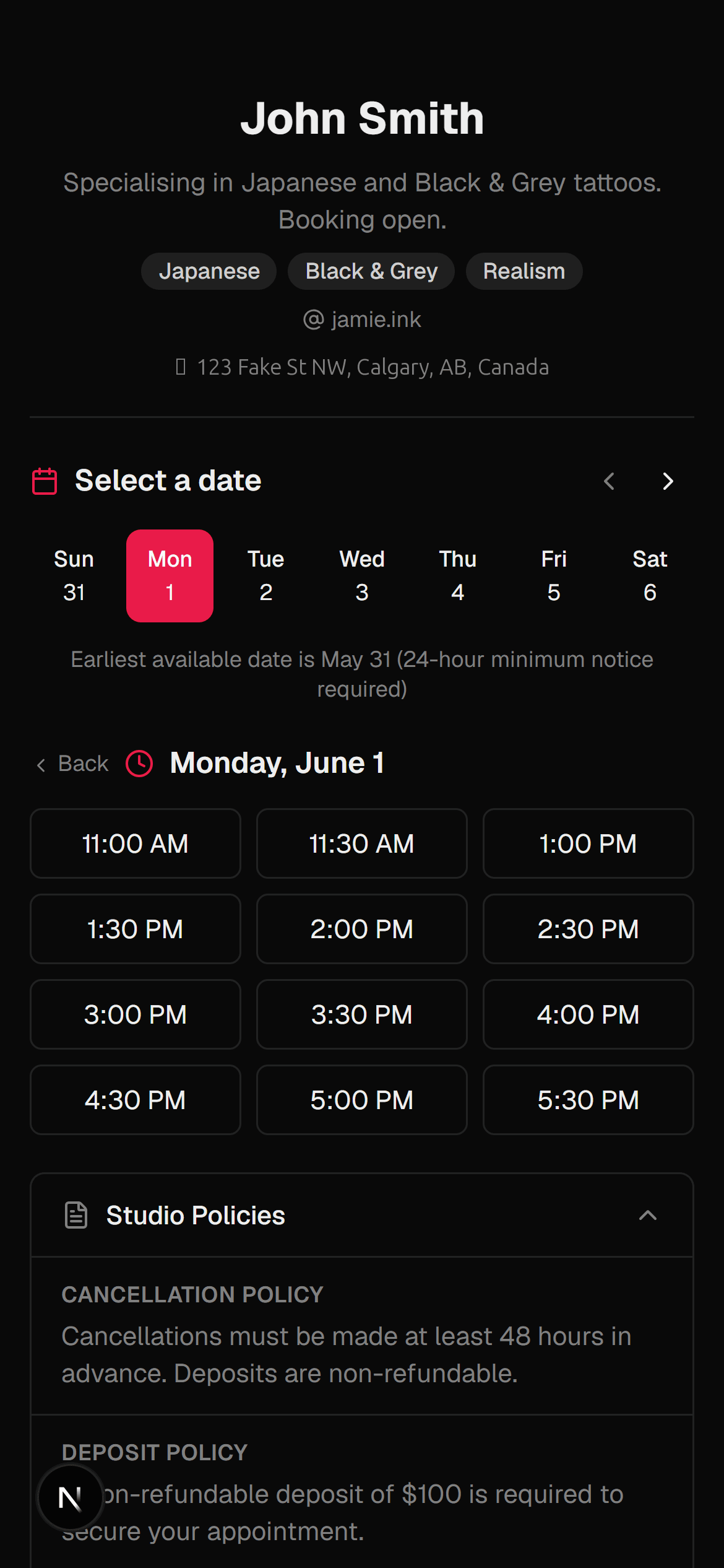 Public booking page where clients can select a date and time